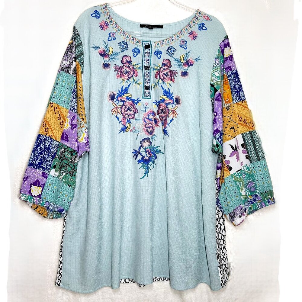 Calessa Blouse Women's 2X Mint Multi Embroidered Floral Patchwork Print TopTunic - Picture 4 of 13